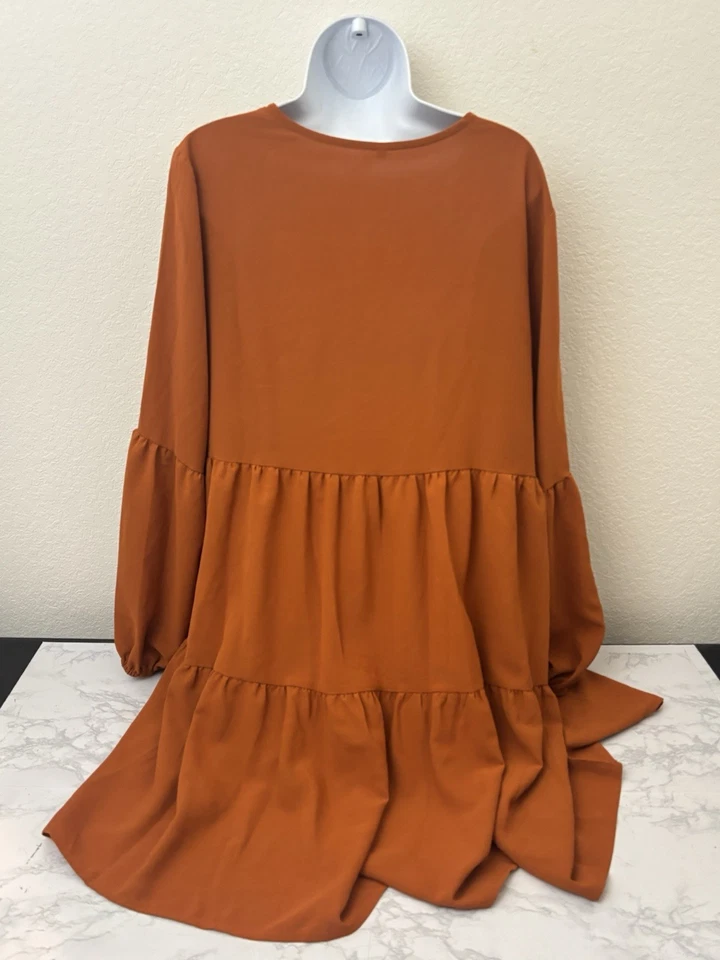 Vestido Midi Campesino Naranja Manga Larga Talla XL Fluido Boho Pullover Cuello en V Foto 3 de 4