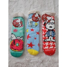PEANUTS Snoopy Sherpa Lined Slipper Socks Lot of 3 Christmas Holiday NWT OSTR