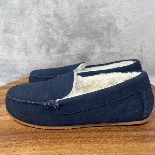 Lands' End Slippers Boys 3 Navy Suede Leather Faux Fur Lined Moccasin Youth Kids - Picture 5 of 12