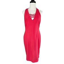 Bisou Bisou Michele Bohbot Red Halter Bodycon Dress Lattice V-Neck Size 12