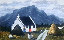 Original Acrylic Painting 14"x 9" Sheep Irish Cottage Ireland by Gerry Dillon