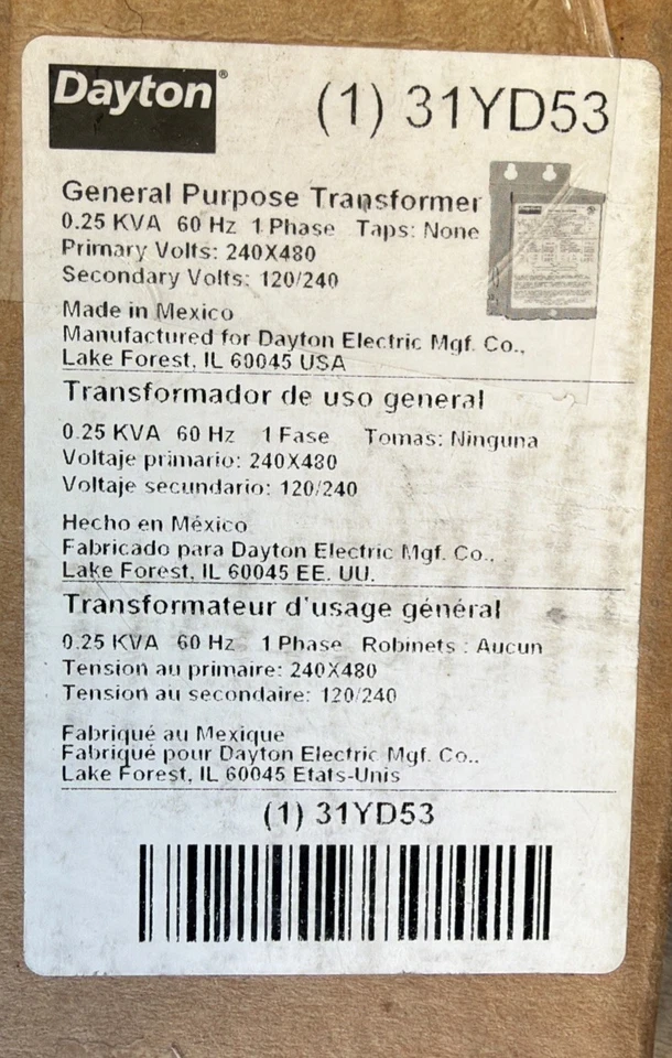 Transformador de propósito general Dayton 31YD55 0,75 KVA 60 Hz 1 PH nuevo Foto 4 de 4