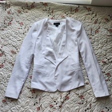 Attention Women's White Collarless Blazer Open Front Jacket Faux Pockets Size 2