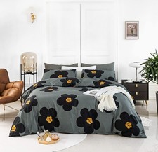Cartoon Floral Duvet Cover King 100 Cotton 3 Pcs Set 1 Yellow Grey Botanical