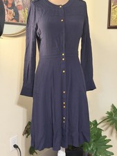 Boden Dress Women's Size 4 Navy Blue Long Sleeve Button Up Gold Buttons Midi