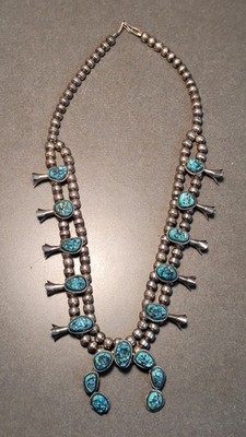 Vintage Navajo Squash Blossom Necklace .925 Sterling Silver Sleeping Beauty 24''