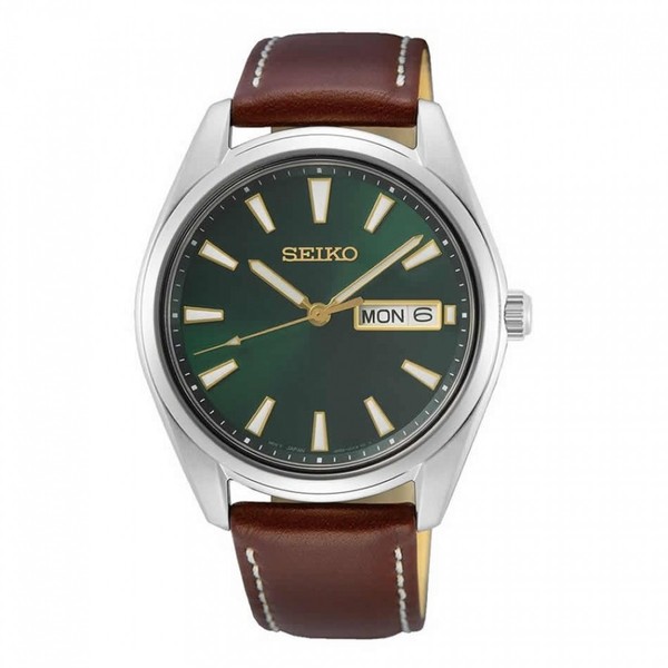 Seiko Herrenuhr SUR449P1 Armbanduhr Saphirglas Uhr Silber Day Date Lederarmband-image