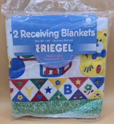Vtg Riegel Flannel White W/Cats Bears Blocks 2 Receiving Blankets Sealed Vibrant