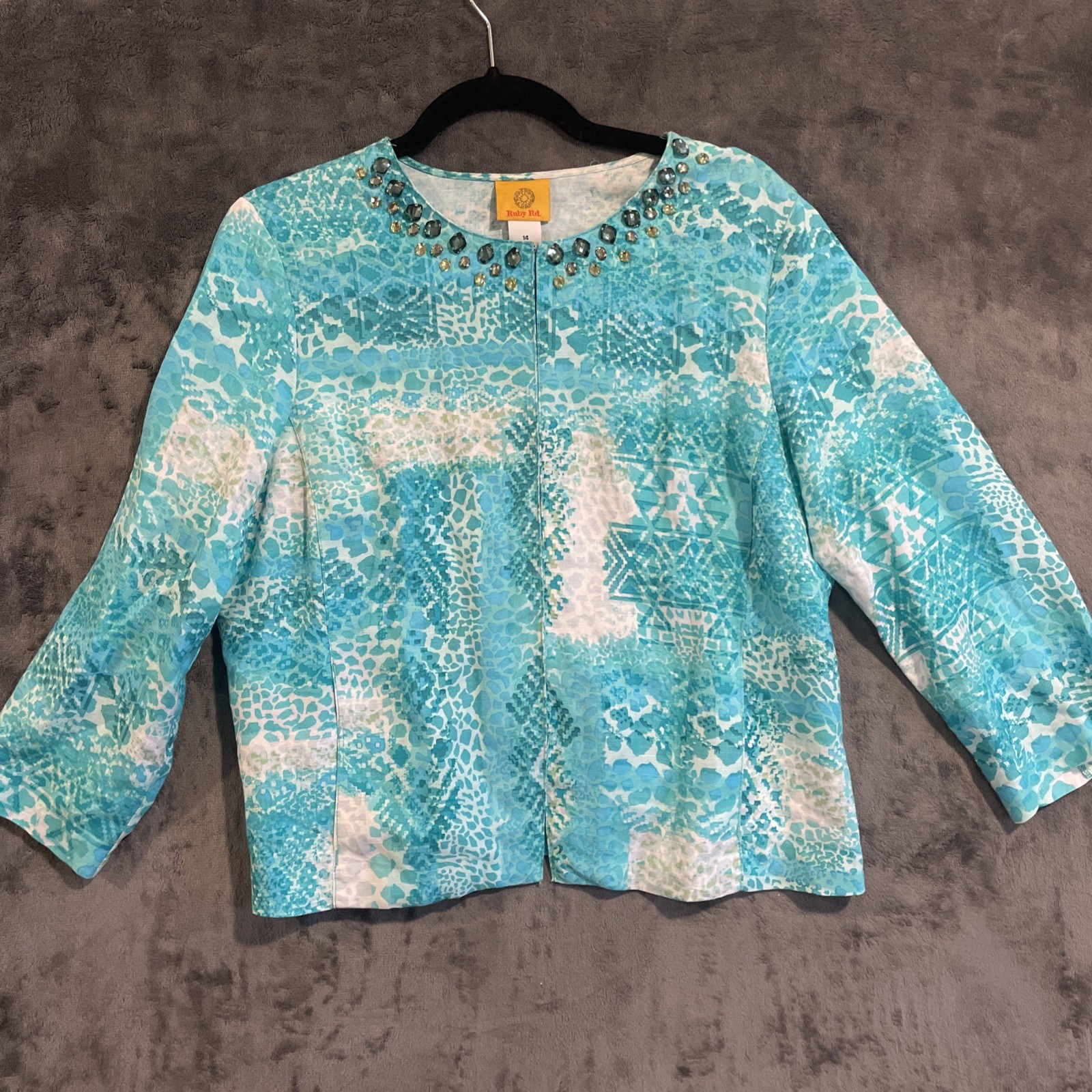 Ruby Rd Jacket 14 Lightweight Linen Blue Snake Pr… - image 1