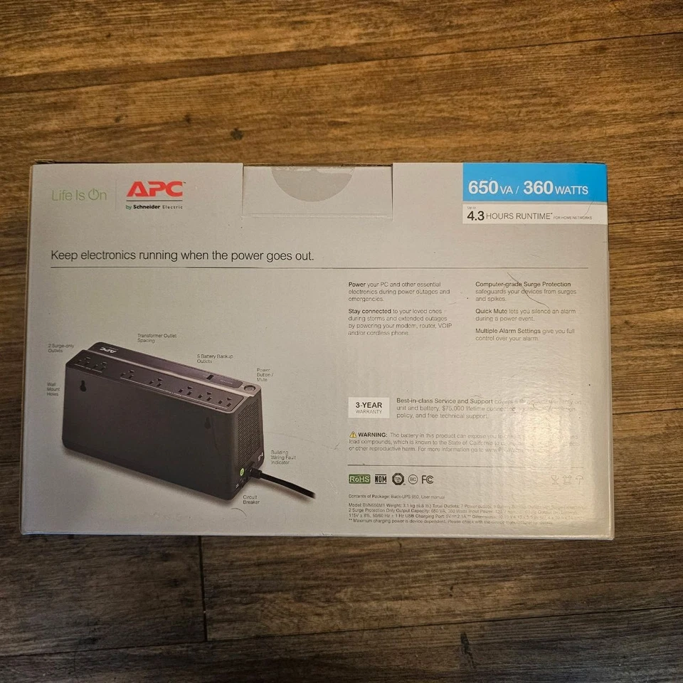 APC BVN650M1 Back-UPS 650VA Battery Backup System 7 Outlets 650VA 490 J BVN650M1 - Image 2 of 4