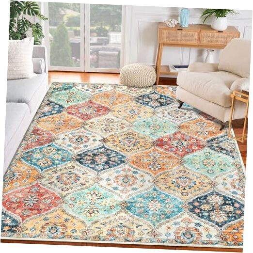 Washable Large Vintage Floral Trellis Non Slip Low Pile Stain-Resistant