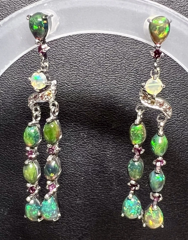 Sterling Silver 925 Authentic Black Fire Opal Sapphire Multi Gemstone Earrings - Image 4 of 4