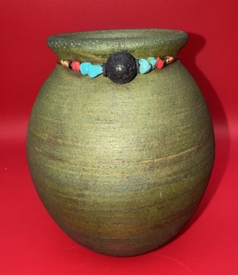 RAKU Pottery Spirit Vase Jar With Jems Copper Signed Jeremy Diller 5.5  Tall