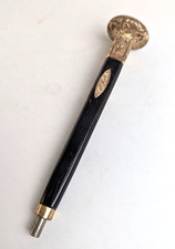 Antique Edwardian HULL Gold Filled Ebony Wood Umbrella Parasol Handle 8" w Mono