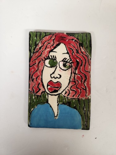 Hand Made Ceramic Tiles Whimsical Women Faces OOAK Set of 4 Red Bird Ceramics - Picture 2 of 12
