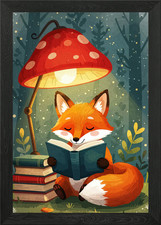 Fox reading book under mushroom lam Framed Wall Art Poster Canvas Print Picture