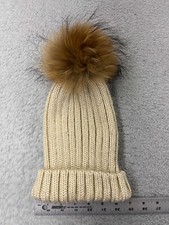 Beanie Toque Adult One Size Ivory Ribbed Knit Detachable Faux Fur Pom Acrylic