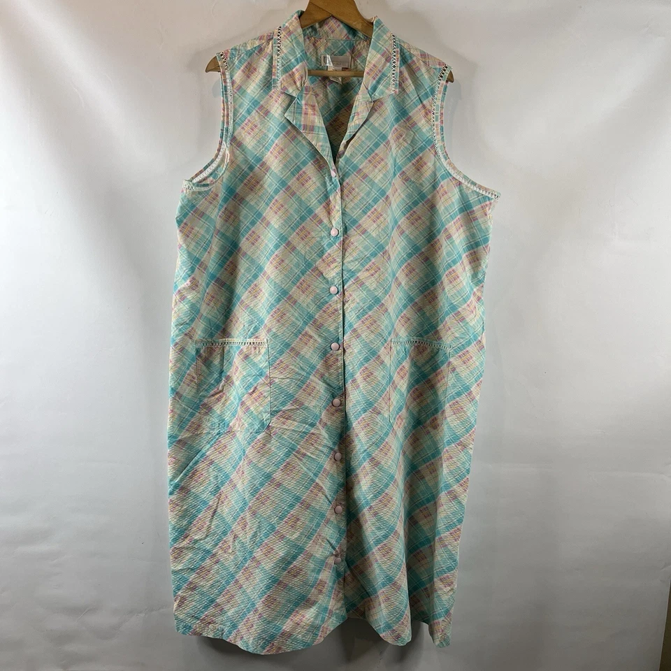 Classic Elements Womens Night Gown Size 2X Colorful Plaid Sleeveless w/ Pockets - Image 2 of 4