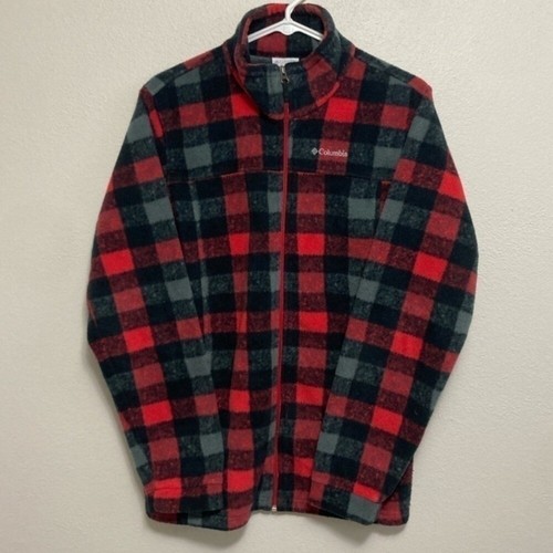 Columbia Red Gray Black Plaid Long Sleeve Full Zip Fleece Jacket Size Youth XL