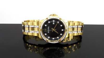 BULOVA 98B425 Gold Tone Stainless Steel Black Dial Crystal
