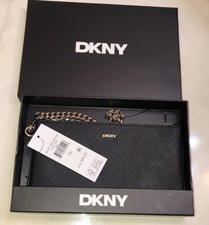 DKNY Bryant Park Black Faux Leather Wristlet Gold Tone Chain Strap NWT  Box