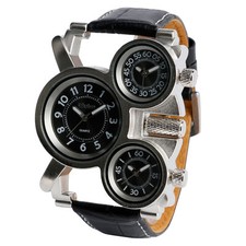 OULM Army Three Time Zones Multi-Function Leather Strap Outdoor Men Wrist Watch
