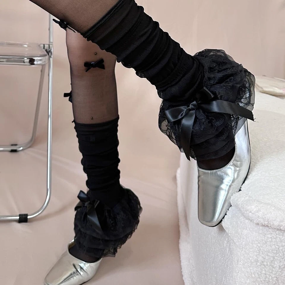 Mujeres Y2K Calentadores de Piernas Japoneses Moda Encaje Lazo Sueltos Calcetines Altos Estilo Lolita Foto 3 de 4