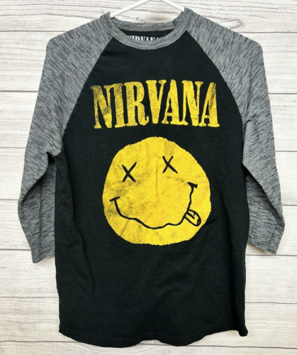 Nirvana 2016 Retro Smiley Face Shirt Size M Black Gray 3/4 Sleeve Raglan 90s - Picture 1 of 10