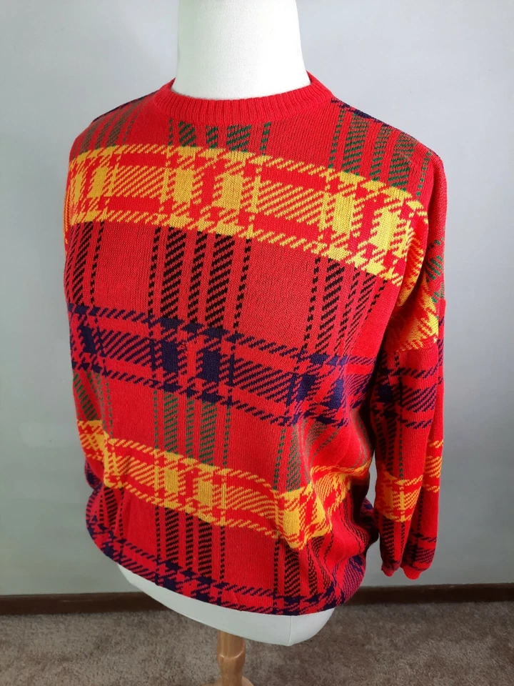 Suéter a Cuadros Vintage Años 80 Cuadrado Rojo Brillante Para Mujer Cuello Redondo S6C Grande Foto 3 de 4