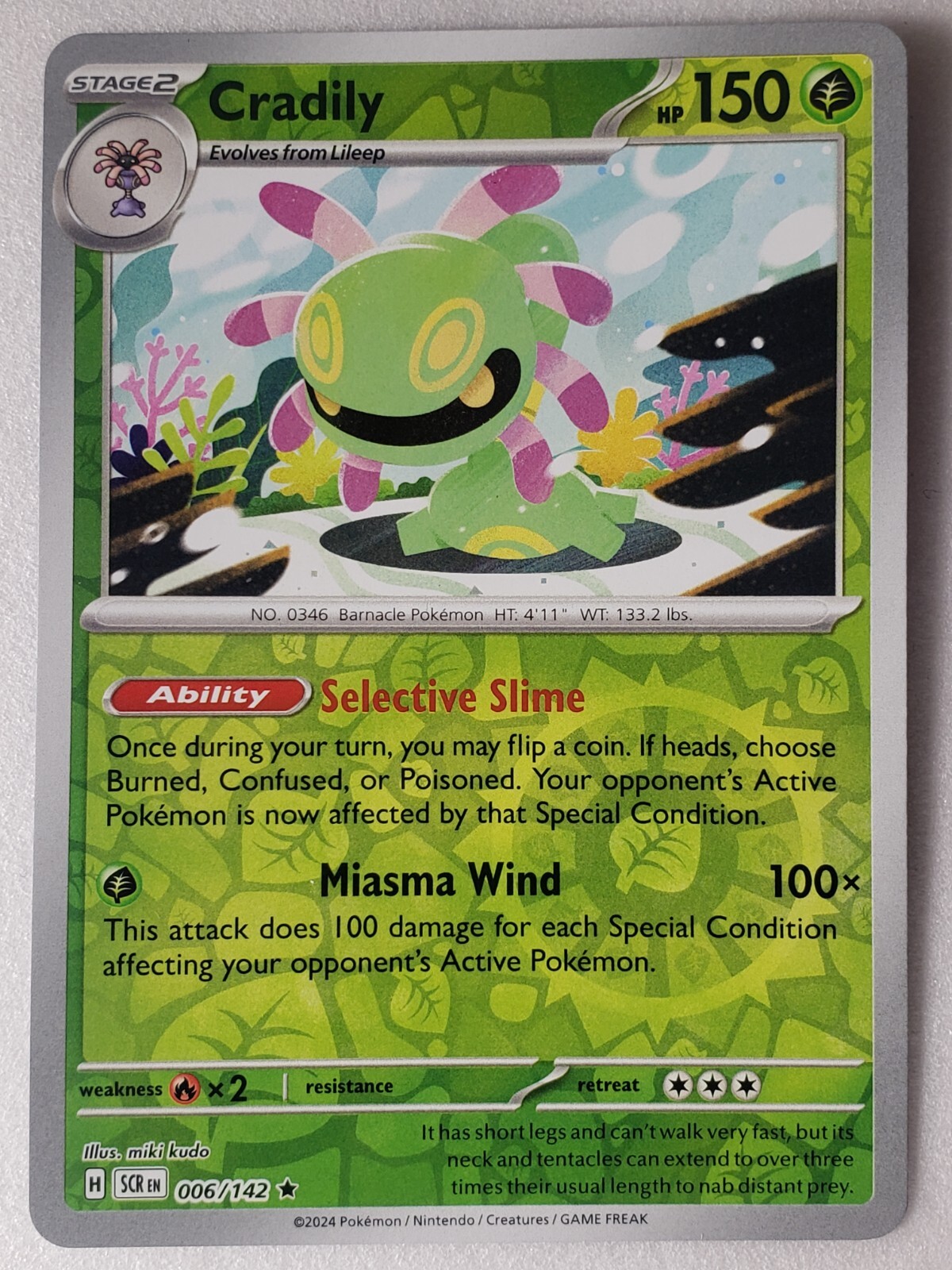 REVERSE HOLO Cradily 006/142 NM / M Stellar Crown Pokemon Card - Miki Kudo Art