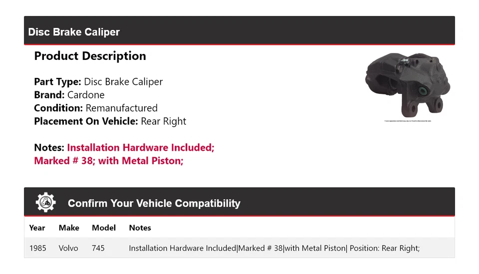 Pinza de freno de disco trasera derecha Cardone Volvo 745 1985 Foto 2 de 4