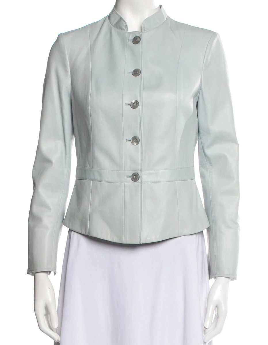 GIORGIO ARMANI Lamb Leather Moto Jacket 44 Light Blue Button Front