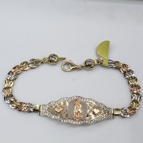 Solid 14k Gold Virgin Mary Guadalupe Bracelet 7.25 Inches Long Tri Color - Picture 2 of 11