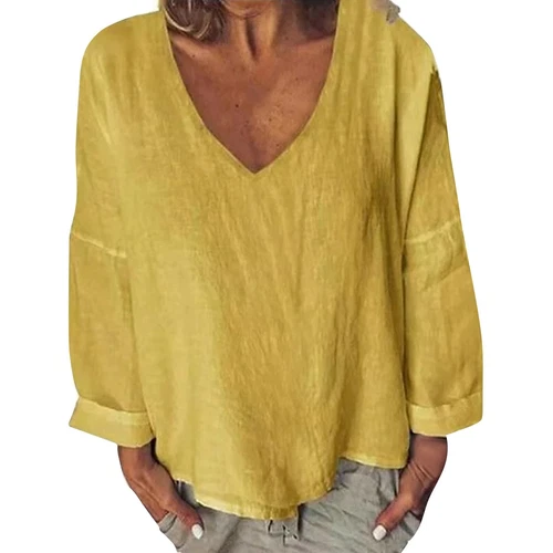 Tees Blouse Pullover T-Shirt Tunic Tops Cotton Linen Baggy Women Long Sleeve - Picture 9 of 17