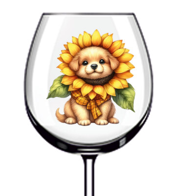 12x Hund Welpe Sonnenblumenkranz Weinglas Flasche Becher Vinyl Aufkleber Abziehbild