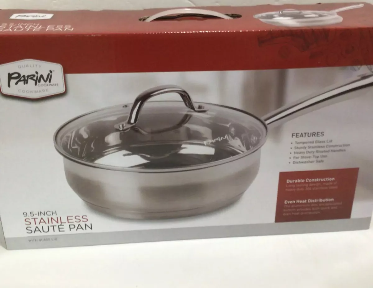 Parini Cookware Stainless Saute Pan w Glass Lid 9.5 In.Stove Top Dishwasher Safe