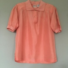 Vintage Ellesse Women's Silk Collared Short Sleeve Blouse Peach Size 0 100 Silk