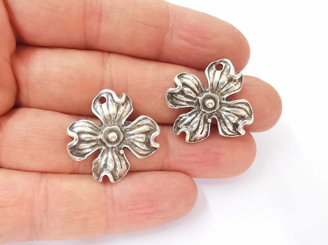 2 Flower Daisy Dangle Diy Antique Silver Plated Charms (26x26mm