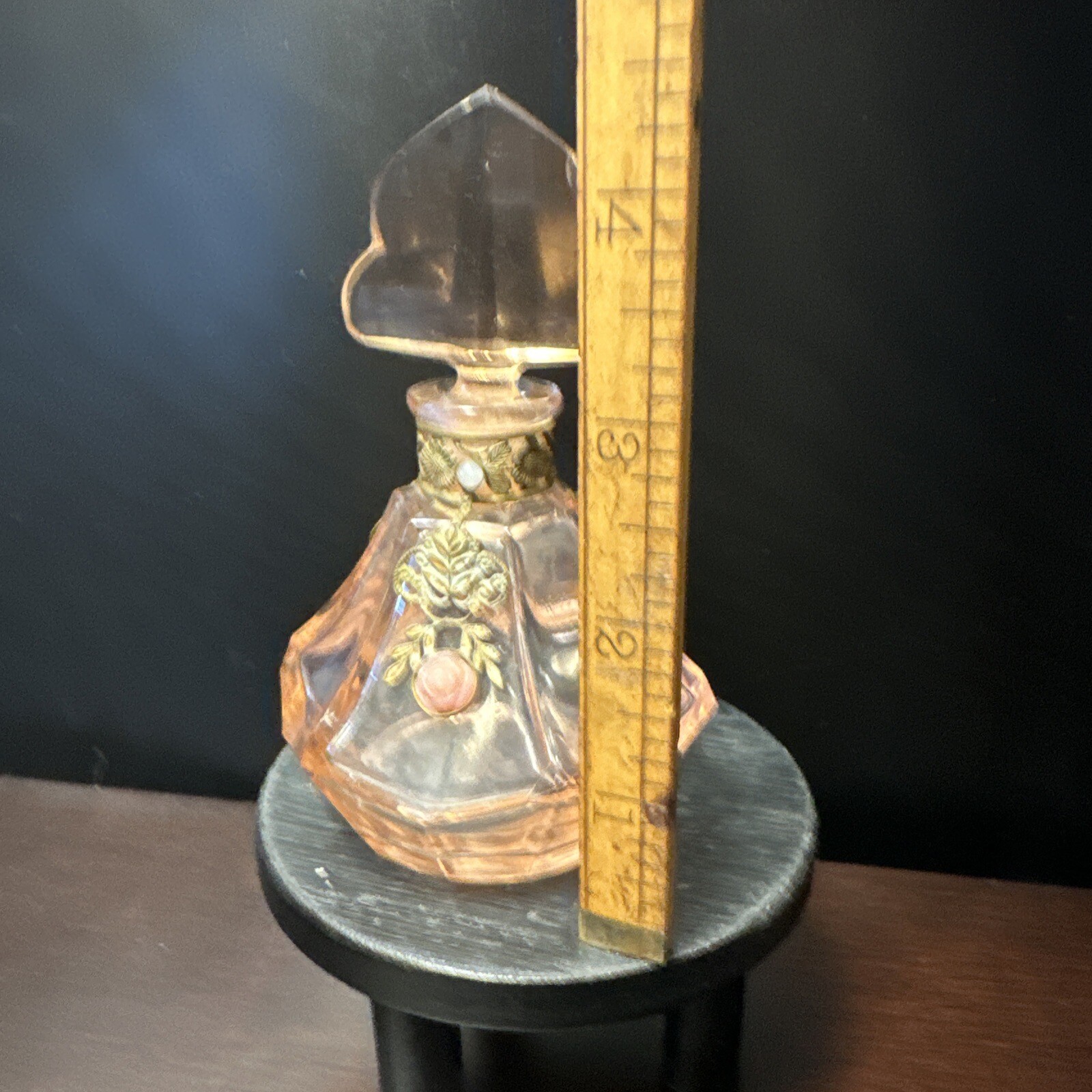 Pink Czech Perfume Bottle Depression Glass Gold Filigree Tone Art Deco 4.5&rdquo; Etch
