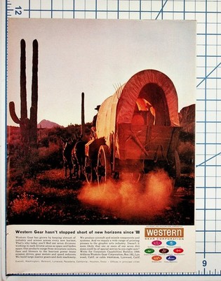 1963 Western Gear Corp Ad Covered Wagon Desert Arizona Saguaro Cactus Ephemera