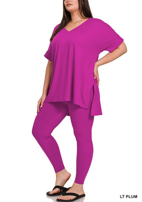 1X 2X 3X Zenana Brushed Microfiber V Neck Top & Leggings Pants Loungewear Set