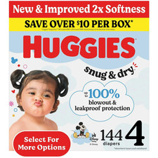 Huggies Snug  Dry Baby Diapers, Size 4 22-37 lbs , 144Ct, Leak Lock Protection