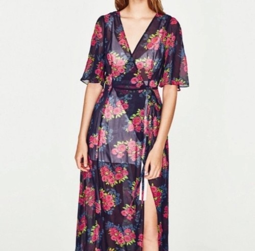 Zara SZ XS Floral Sheer Maxi Wrap Tie Front Cover Up Topper Resort Vacation
