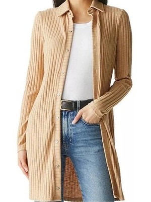 Michael Stars Kayla Button Down Cardigan Dress Womens Large Cashew Tan Ribbed