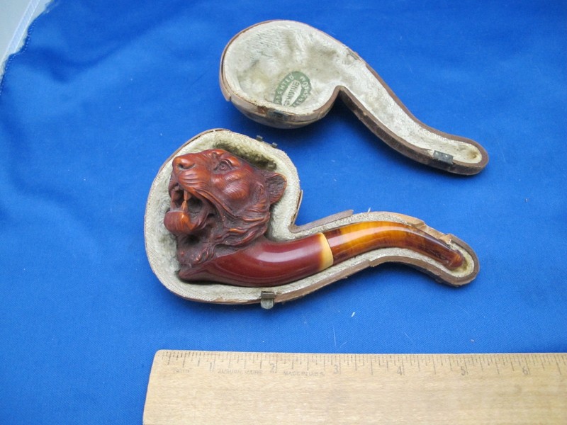Antique MEERSCHAUM PIPE w/CASE-SUPERB CARVED TIGER HEAD Bowl-As Found