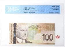 2006 Bank Of Canada 100$ Jenkins/Dodge 4 Digits Radar EJR7503057 - CCCS UNC64 -