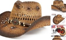 Straw Cowboy Hat for Women and Men with Shapeable Wide One Size Khaki-paint