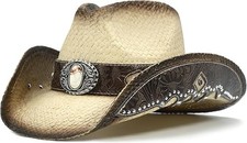 Cowboy Hats for Women and Men Straw Western Hat Embroidered Medium-Large Tan