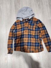 Quiksilver Plaid Flannel Hooded Shirt Long Sleeve Button Up Blue Tan Kids Large