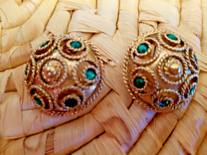 Authentic vintage nineties gold plated clip on earrings with green faux gems